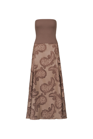 A strapless maxi dress with a solid taupe-brown bodice and a flowing skirt featuring an all-over paisley pattern in shades of brown and beige, shown against a plain white background.