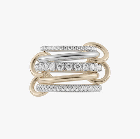 Very close-up view of the Leyla ring, showing its diamonds and multi metal aspects